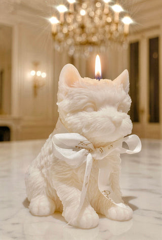Charming White Terrier Puppy Candle is perfect for any anniversary, wedding, or Valentine's.