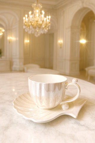Marée de Pearl – Seashell Ceramic Teacup & Plate Set (Set of 2)