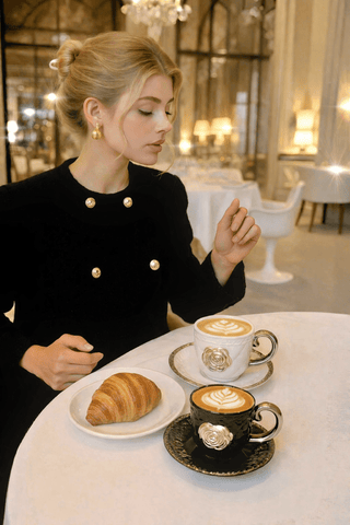 Camellia Haute Quilted Ceramic Tea & Coffee Cup Set styled for a luxury brunch