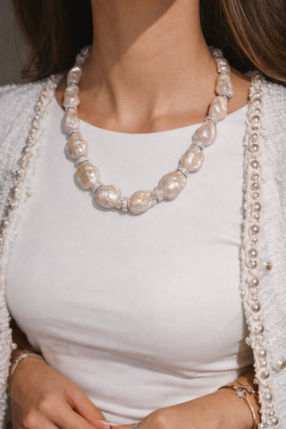 Grand Riviera Sterling Silver Genuine Extra Large Freshwater Baroque Pearl Necklace