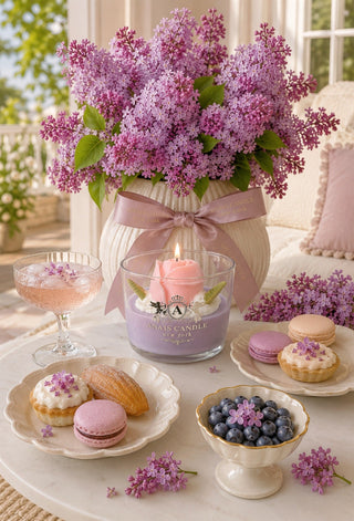 Blooming Tulip Candle beside fresh tulips in a Paris apartment