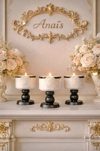 Camélia Maison Candle styled in a serene bedroom setting.