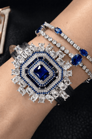 Royal Sapphire Leather bracelet worn to a luxury fashion event