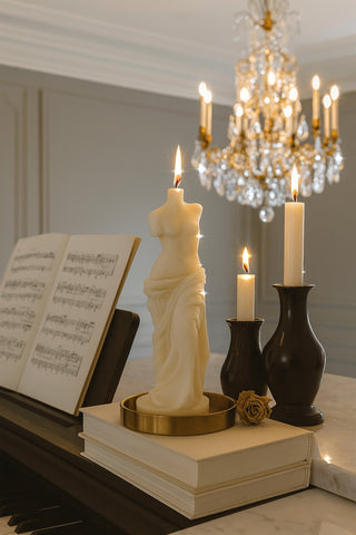 The Venus Candle in Sculpture White on a marble coffee table in a Dubai villa