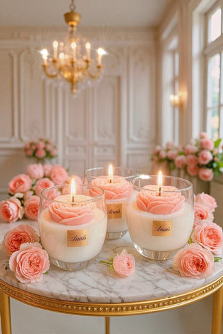The Austin Rose Candle is a floral candle featuring a rose made of wax.
