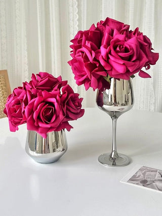 Luxurious Artificial Rose Blossom With Sliver Flute Vase Set of 2.