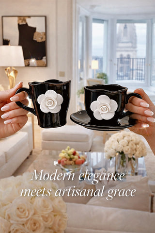 Camellia Romance ceramic coffee cups styled for a luxury brunch gathering