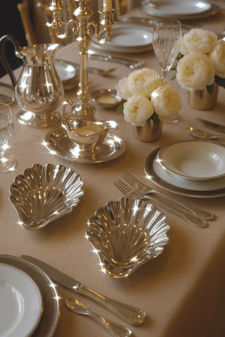 A Celestial Seashell Plate Set of 2 with an 'old money' dining table display.