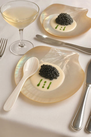 Moonlit Tides — Mother of Pearl Caviar Seashell Plate & Spoon Set of 5