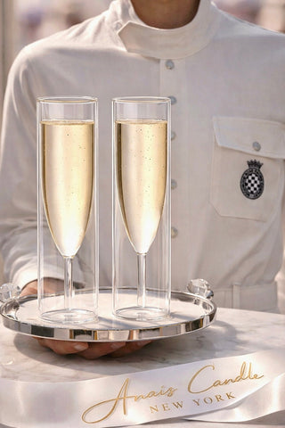 Maeve double layered glass cup set styled in a 5-star restaurant setting