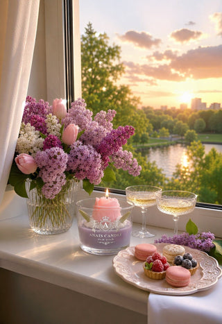 Blooming Tulip Candle on a marble bedside table in a luxury bedroom