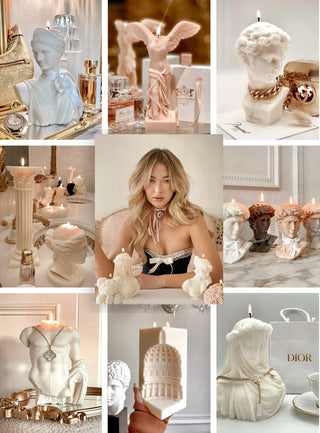 Collage of nine Original Greek Sculpture Candles Collection by Anais Candle.