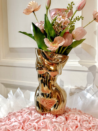 Feminine Ceramic Vase in Gold decorated with blooming florals.