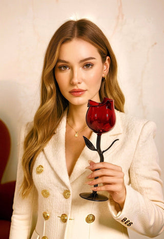 A woman poses with the Rose For Rosé Glass Cup in Red Set of 2.