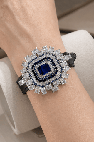 Royal Sapphire Leather bracelet worn in a multi-million dollar mansion event