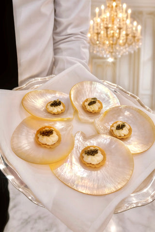 Moonlit Tides — Mother of Pearl Caviar Seashell Plate & Spoon Set of 5