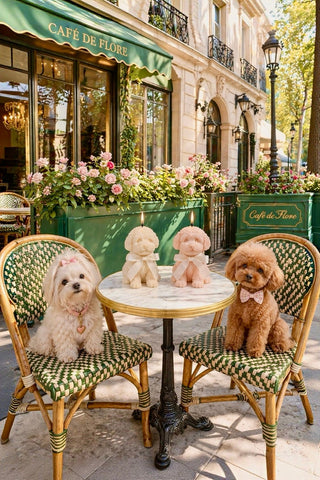 Anaïs Puppy Candle Set on a cafe's outdoor brunch table in Paris