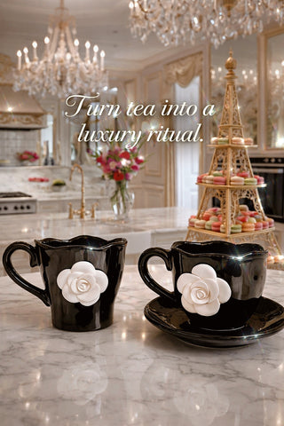 Camellia Romance ceramic cup set styled for an elegant tea celebration