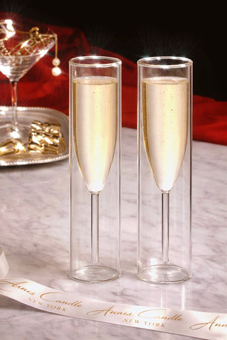 Maeve double layered glass cup set featured in a high-end hotel lounge