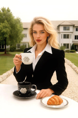 Woman in a suit holding a Anais's Camellia Cup outdoors with a croissant on a plate.