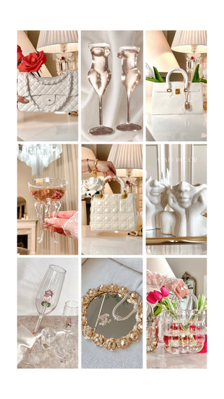 Collage of Anais Candle's Home Decor and Champagne Glass Cups and others.