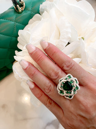 Emerald Flower Rhinestones Adjustable Ring
