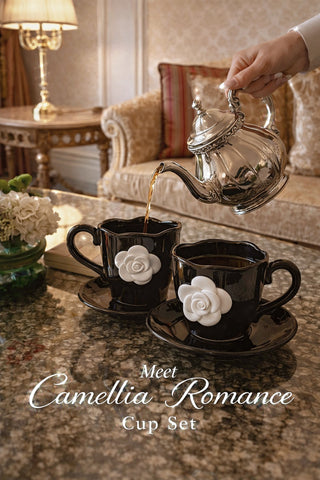 Camellia Romance ceramic tea cups used for an elegant afternoon tea