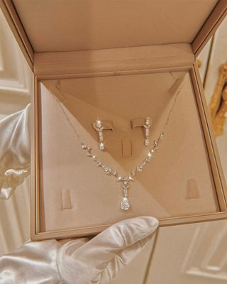 Lumière Flora Necklace & Earring Set shimmering in its clamshell jewelry box.