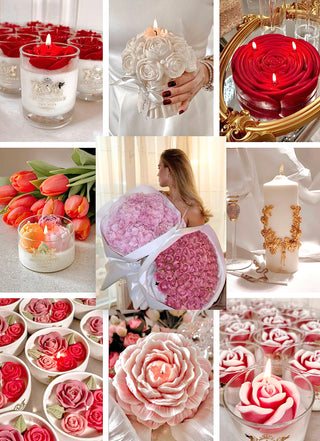 Photo collage of Anaïs Candle's love and romance collection featuring roses and colorful florals.