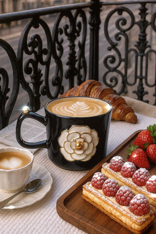 Château Camellia Ceramic Tea/Coffee Cup Set of 2 - Black at a garden tea party