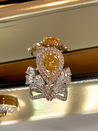 Royal Halo Pear Cut Yellow Sapphire Rhinestone Adjustable Ring.