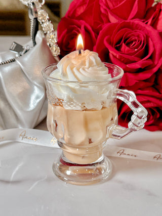 Vanilla Ice Cream Latte Candle next to white lace Anaïs ribbon.