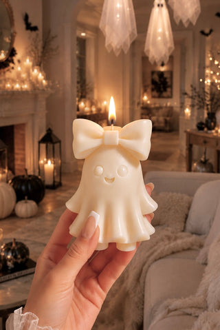Halloween Bow & Boo Candle in Spooky White