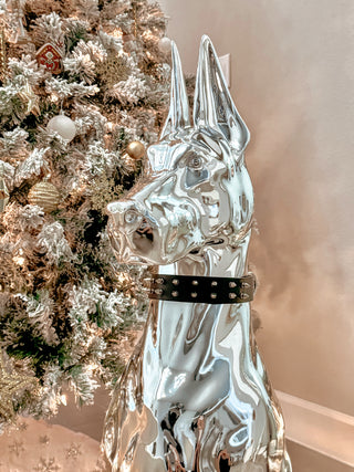 ‘LIMITED & EXCLUSIVE EDITION’ Luxurious Electroplated Doberman Dog Statue in front of Christmas Tree.