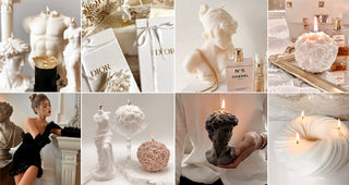Collage of eight lifestyle photos displaying Anais' sculpture white candles: Venus, Marcellus, Man, Flower Romance, Halo, and others.