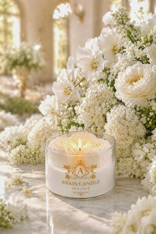 Peony Bouquet Candle in White in a Paris apartment with marble decor