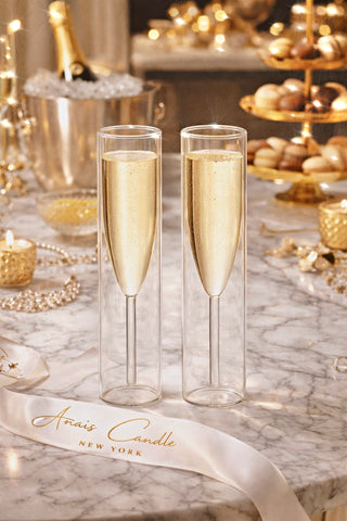 Two Maeve flutes with champagne on a marble surface with 'Anais Candle New York' ribbon.