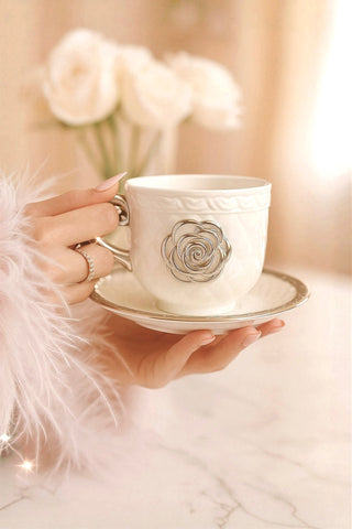 Camellia Haute Quilted Ceramic Tea & Coffee Cup Set used for elegant afternoon tea