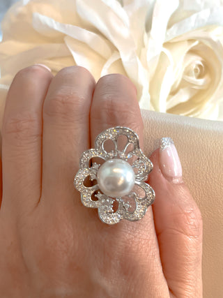 Flower Pearl Statement Rhinestones Adjustable Ring.