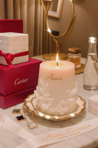 Embossed Floral Candle is made with all-natural soy wax and cosmetic grade beeswax.