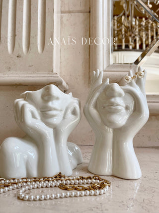 "Her" and Angelica Ceramic Vase Set of 2 on a marble floor.