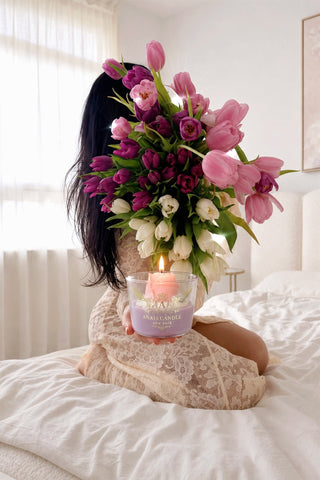 Blooming Tulip Candle in a designer kitchen with fresh floral arrangements