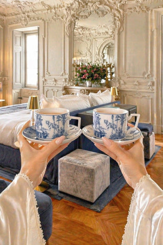 Bleu Riviera Toile Teacup & Saucer Set of 2