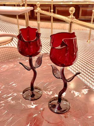 Rose for Rose Glass Cup Set of 2 atop a marble table in a classy eatery with gold adorned banisters and seating.