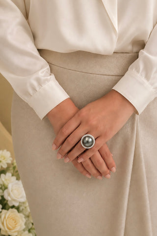 Belladonna Genuine Tahitian XL Gray Pearl Sterling Silver Adjustable Ring