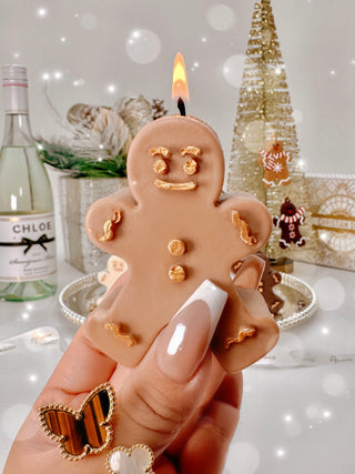 Holiday Gingerbread Friends Candle Crew Set of 5 in brown shade two with gold accents.