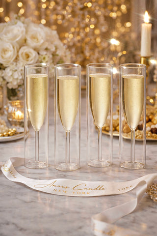 Four Maeve flutes with champagne on a decorative table with candles and flowers.