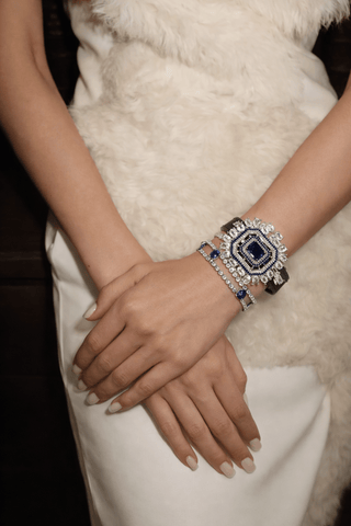 Royal Sapphire Leather bracelet worn to an elegant brunch
