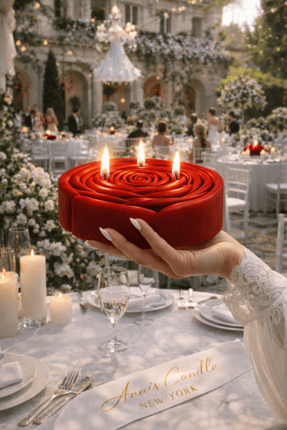 3-Wick Brilliant Rose Candle in Red at an outdoor chateau's garden