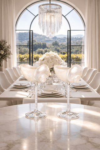Seashell Enchanté Cup™️ Set of 2 in Crystal in a modern mansions' bar area.